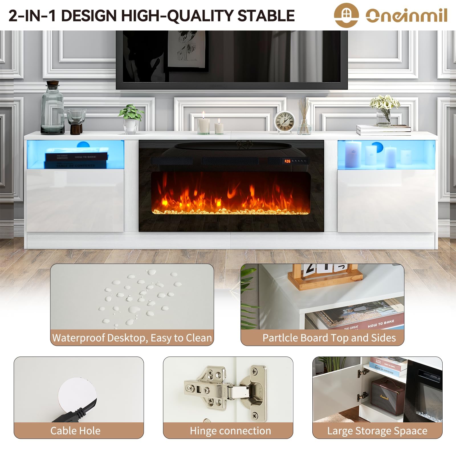 oneinmil Fireplace TV Stand with 36" Electric Fireplace, LED Light Entertainment Center, Modern Wood Texture Entertainment Stand with Highlight Storage Cabinet for TVs Up to 80", 70 inches, Black