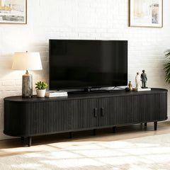 OneBlis 70" Mid Century Modern TV Stand, Wood TV Consoles with Sliding Doors and Power Outlet, Entertainment Center with Adjustable Shelves, Fluted TV Stands for Living Room, Walnut