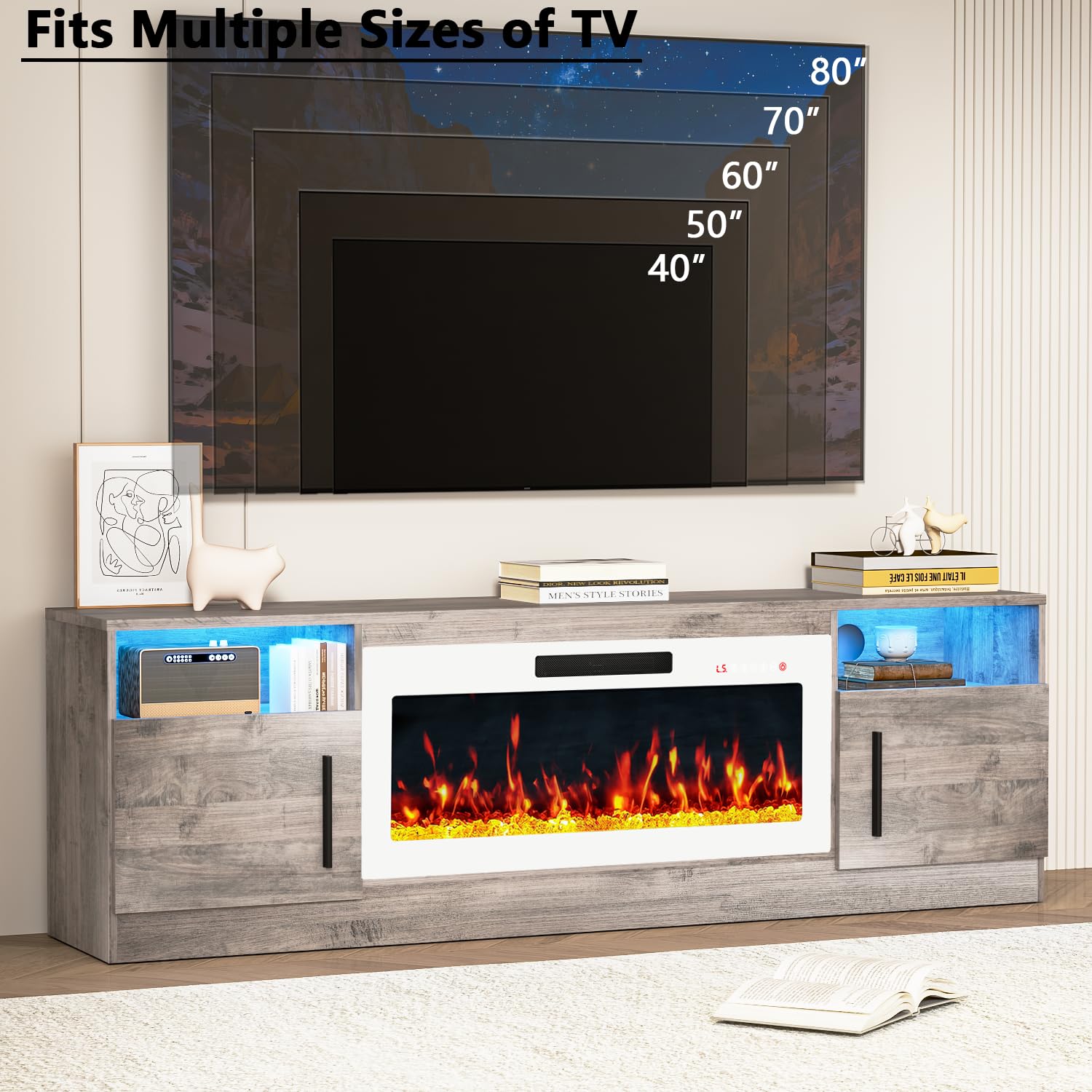 PRETZI Fireplace TV Stand with 36" Fireplace Up to 80" TVs for Living Room