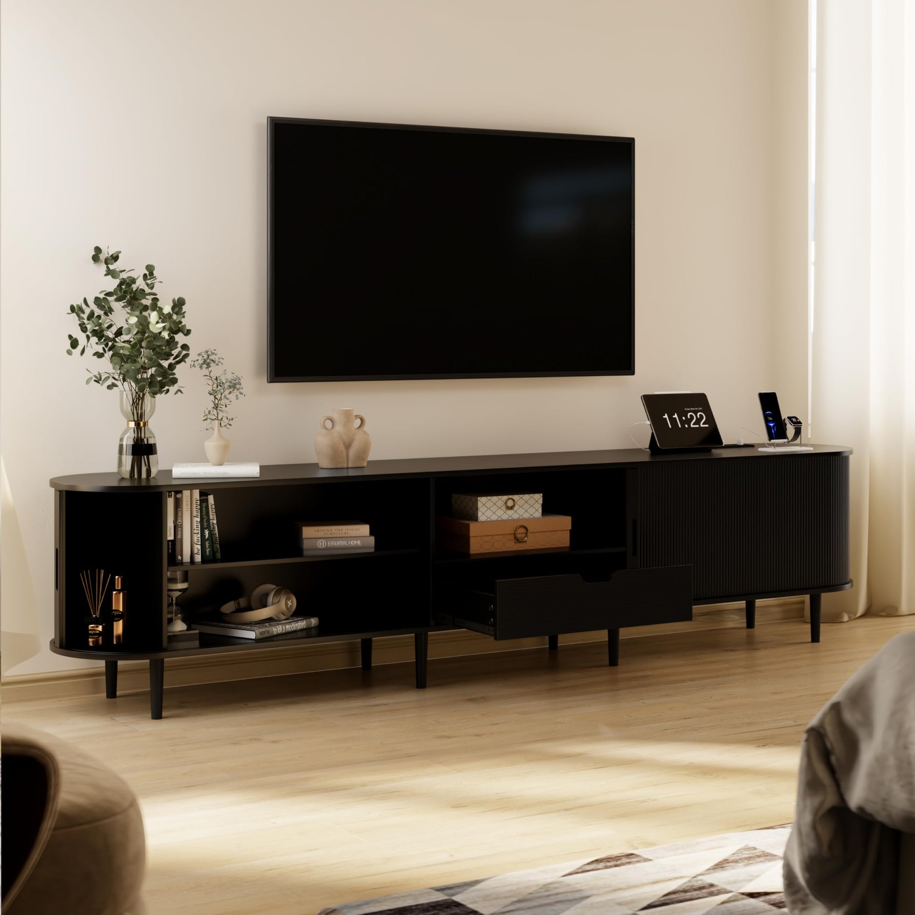 DHH 86.6" Fluted TV Stand with Power Outlet for TVs up to 90", TV Console with Adjustable Shelves and Sliding Door,Mid Century Modern Entertainment Center for Living Room,Bedroom (Walnut)
