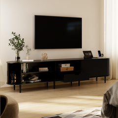 DHH 86.6" Fluted TV Stand with Power Outlet for TVs up to 90", TV Console with Adjustable Shelves and Sliding Door,Mid Century Modern Entertainment Center for Living Room,Bedroom (Walnut)