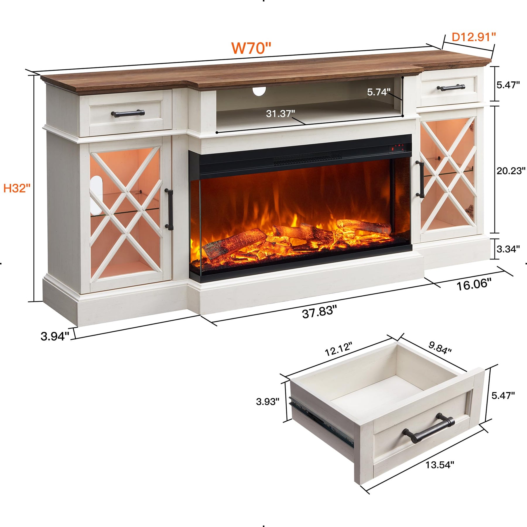 OKD 3-Sided Glass Farmhouse Electric Fireplace TV Stand for TVs up to 80'', Highboy Entertainment Center with Glass Door Storage Cabinet, 70'' Large TV Stands with 36'' Fireplace, Antique White