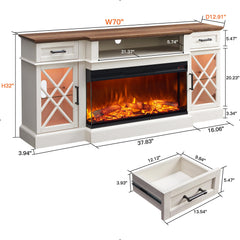 OKD 3-Sided Glass Farmhouse Electric Fireplace TV Stand for TVs up to 80'', Highboy Entertainment Center with Glass Door Storage Cabinet, 70'' Large TV Stands with 36'' Fireplace, Antique White
