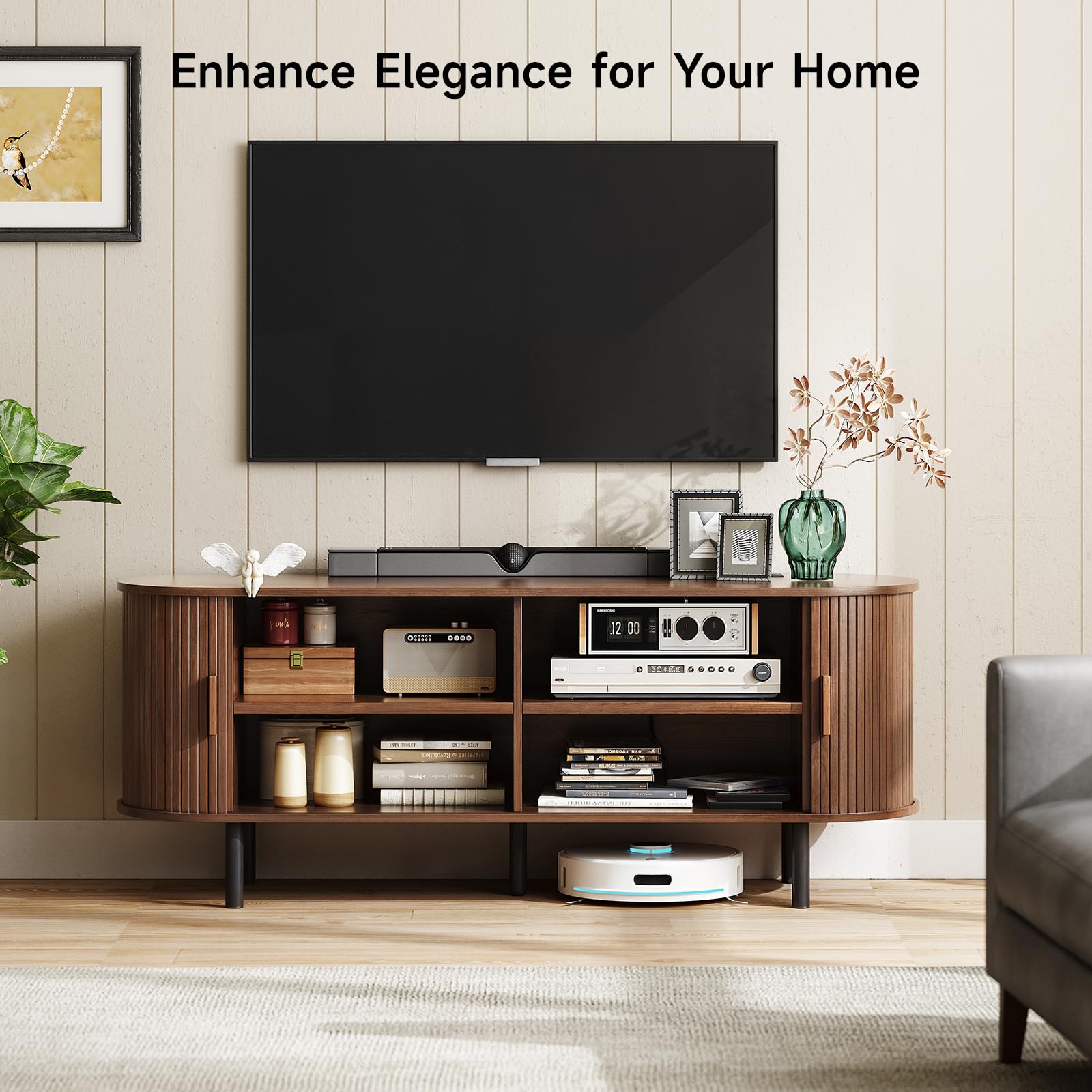ONBRILL 70.8" TV Stand with Power Outlet for TVs up to 75 Inch, Entertainment Center with Storage and Adjustable Shelves, Modern Media Console with Sliding Doors for Living Room, Walnut