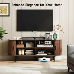 ONBRILL 70.8" TV Stand with Power Outlet for TVs up to 75 Inch, Entertainment Center with Storage and Adjustable Shelves, Modern Media Console with Sliding Doors for Living Room, Walnut