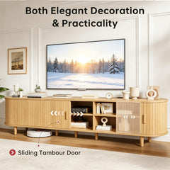 OneBlis 70" Mid Century Modern TV Stand, Wood TV Consoles with Sliding Doors and Power Outlet, Entertainment Center with Adjustable Shelves, Fluted TV Stands for Living Room, Walnut