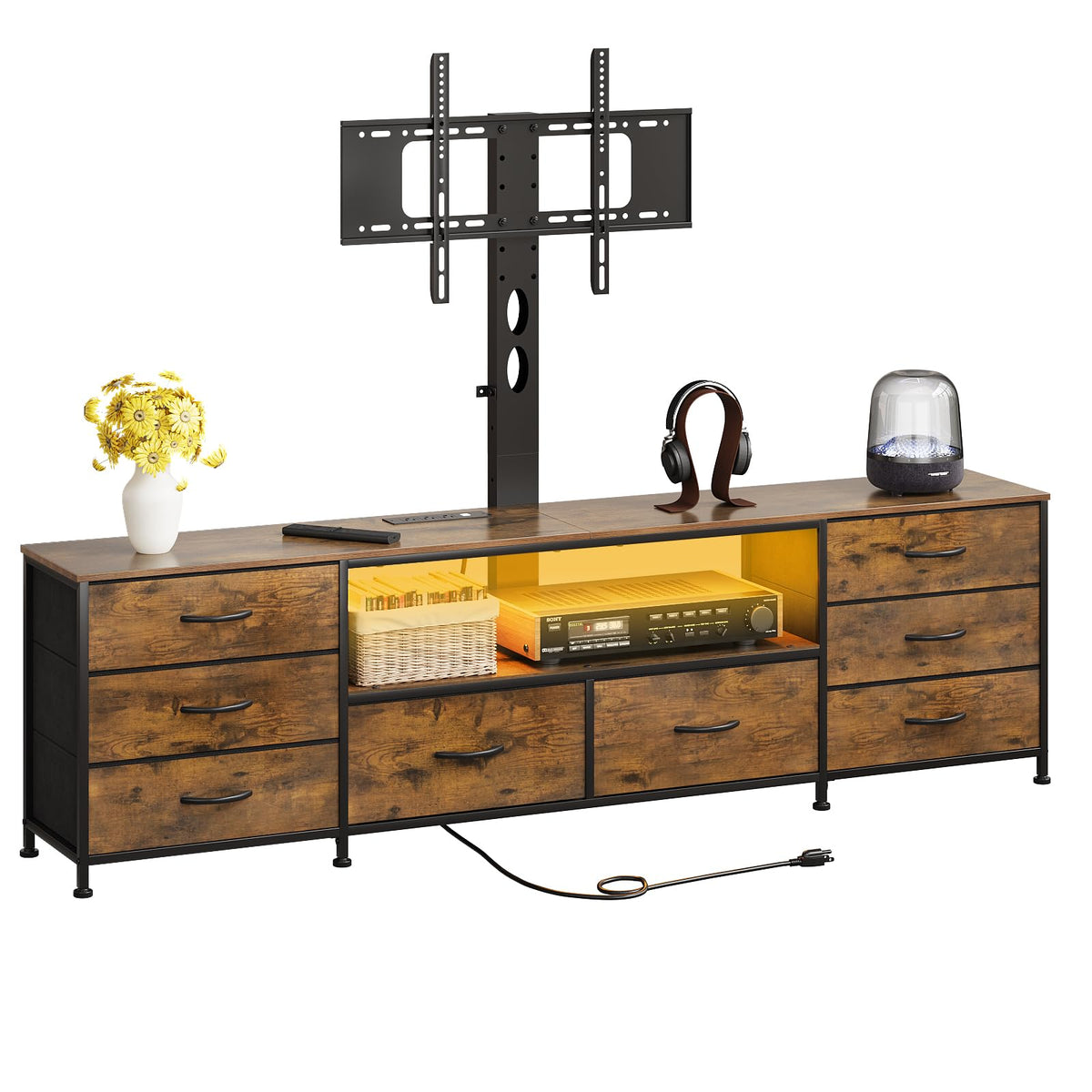 Welfuturer 70.8" W TV Stand with Mount and Power Outlet for 65/70/75/80 Inch TV, Farmhouse Entertainment Center with 8 Fabric Drawers, LED Lights and Open Storage Shelves for Living Room