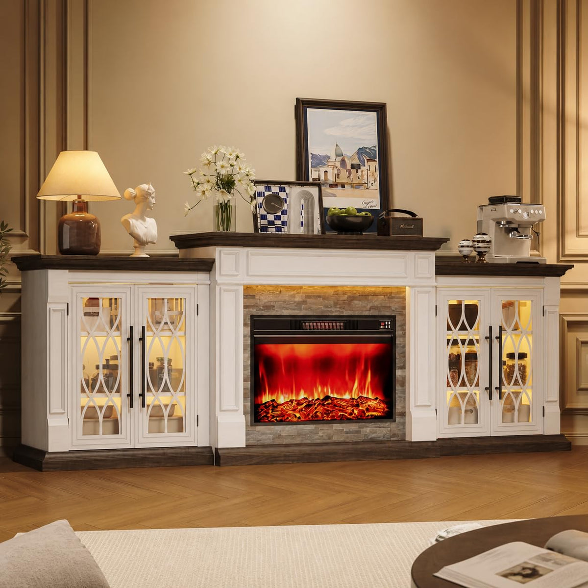HolliWill 104" Fireplace TV Stand for TVs Up to 100 Inch, LED Electric Fireplace with Mantel and Sideboard Cabinets, Entertainment Center with 4 Glass Doors and Outlet, Modern for Living Room