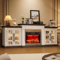 HolliWill 104" Fireplace TV Stand for TVs Up to 100 Inch, LED Electric Fireplace with Mantel and Sideboard Cabinets, Entertainment Center with 4 Glass Doors and Outlet, Modern for Living Room