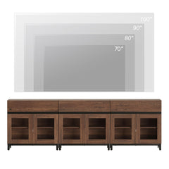 WAMPAT Modern TV Stand with Glass Doors for 80-120 inch TVs, 4 in 1 Entertainment Center Console with 4 Drawers and Metal Base for Living Room, Bedroom, Brown