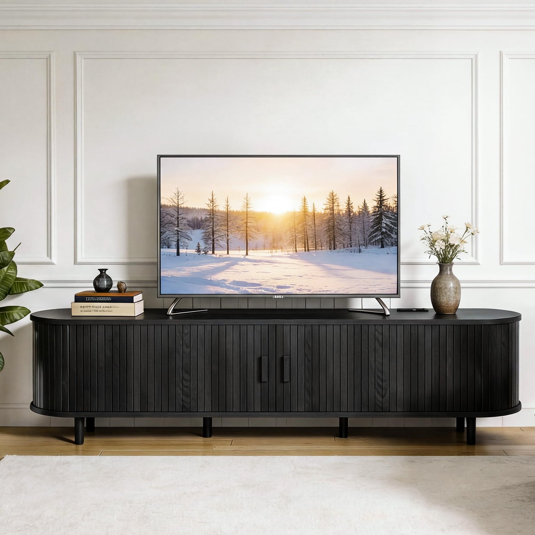 OneBlis 70" Mid Century Modern TV Stand, Wood TV Consoles with Sliding Doors and Power Outlet, Entertainment Center with Adjustable Shelves, Fluted TV Stands for Living Room, Walnut