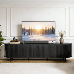 OneBlis 70" Mid Century Modern TV Stand, Wood TV Consoles with Sliding Doors and Power Outlet, Entertainment Center with Adjustable Shelves, Fluted TV Stands for Living Room, Walnut