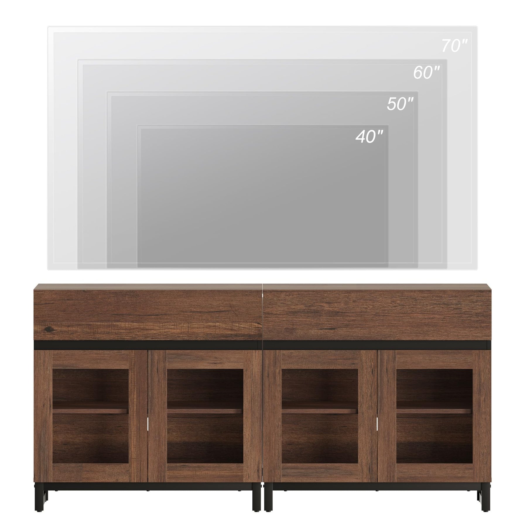 WAMPAT Modern TV Stand with Glass Doors for 80-120 inch TVs, 4 in 1 Entertainment Center Console with 4 Drawers and Metal Base for Living Room, Bedroom, Brown