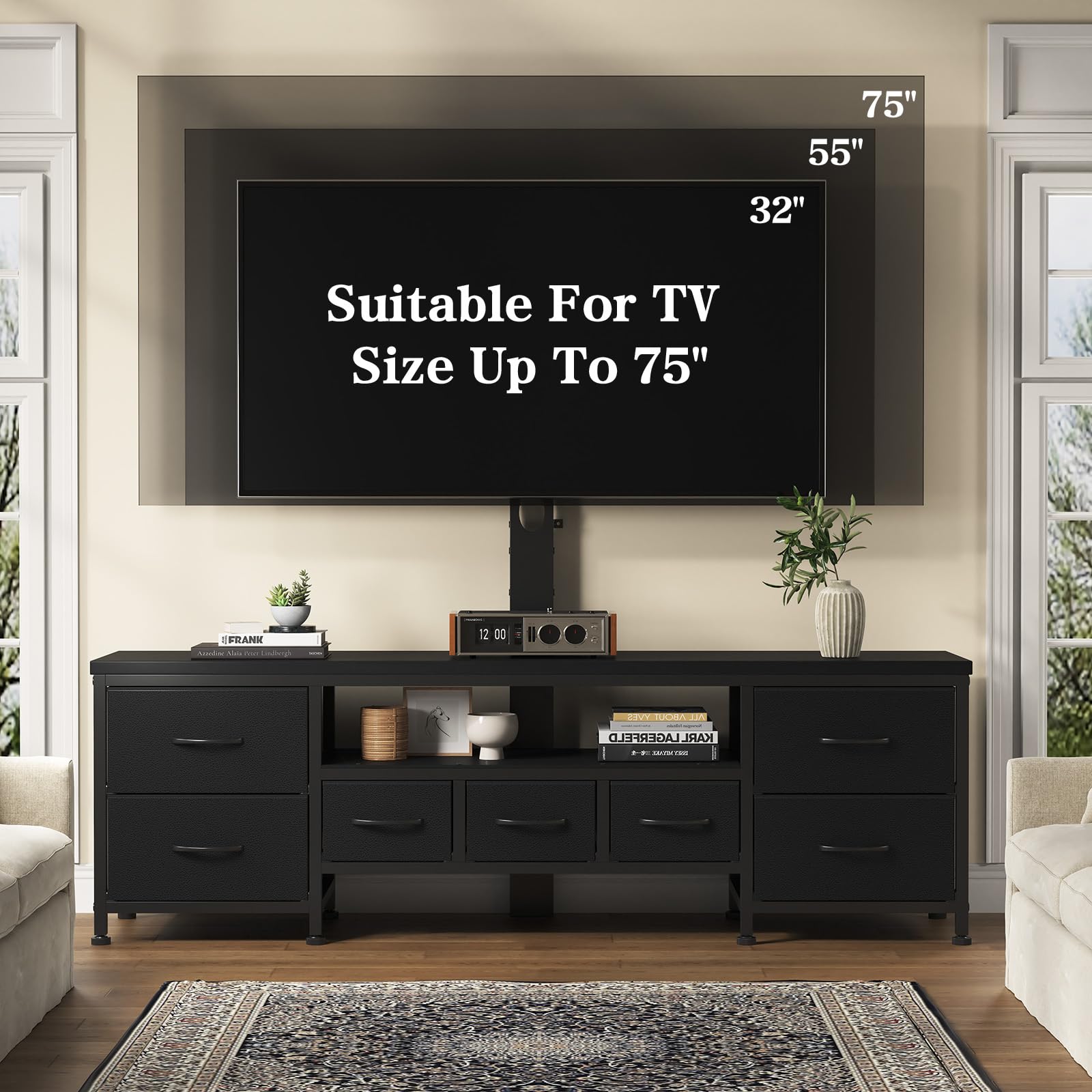 DrawXynth TV Stand with Mount for 45/55/65/75 inch TVs, 51.2" Dresser TV Stand Entertainment Center with 7 Fabric Drawers, Open Storage Shelves, Media Console for Living Room