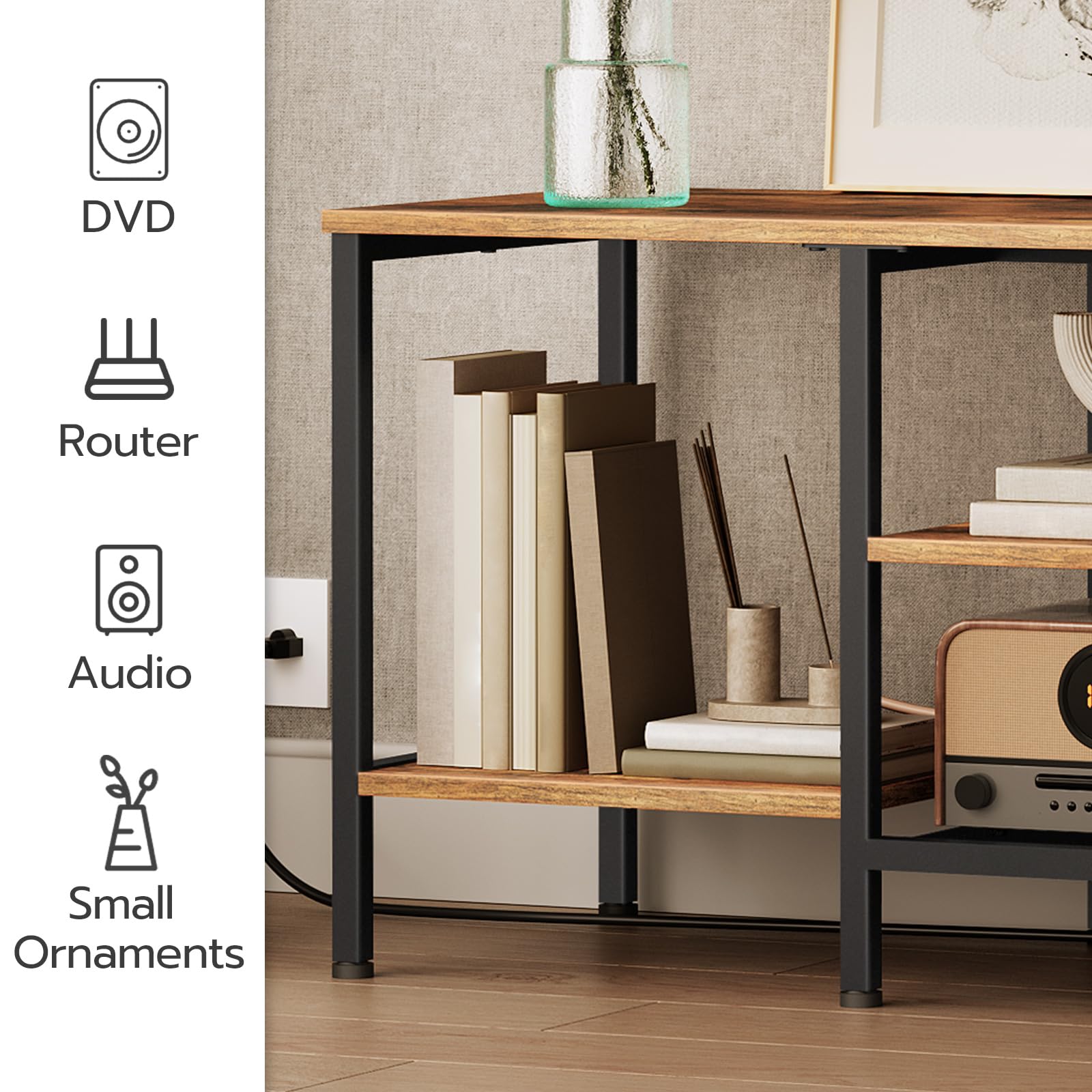 HOOBRO TV Stand with Power Outlets to 75 Inches, TV Console Table with Open Storage Shelves Cabinet, Industrial Media Entertainment Center for Living Room Bedroom, Rustic Brown and Black BF80DS01
