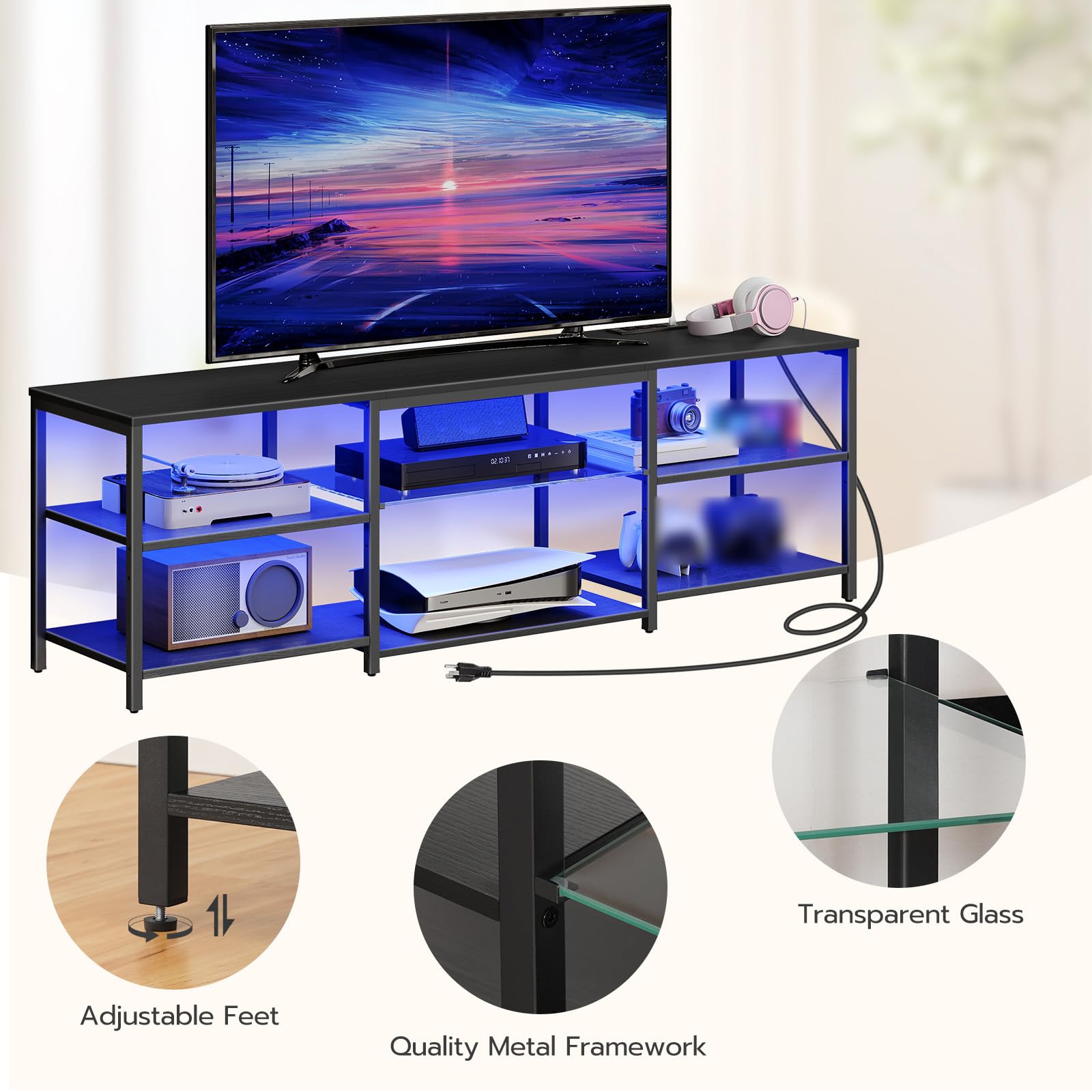 HOOBRO LED TV Stand for 75 Inch TVs with Charging Station, Gaming Entertainment Center with 3-Tier Open Storage, Long 70.1” Media TV Console Table, TV Stand for Living Room, Bedroom, Black BB22UDDS01