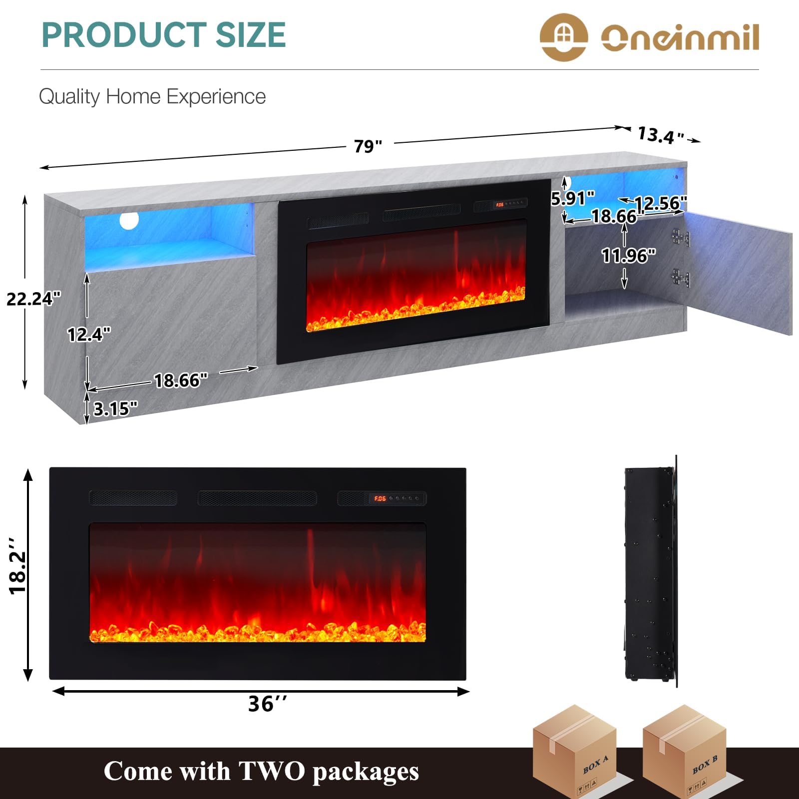 oneinmil Fireplace TV Stand with 36" Electric Fireplace, LED Light Entertainment Center, Modern Wood Texture Entertainment Stand with Highlight Storage Cabinet for TVs Up to 80", 70 inches, Black