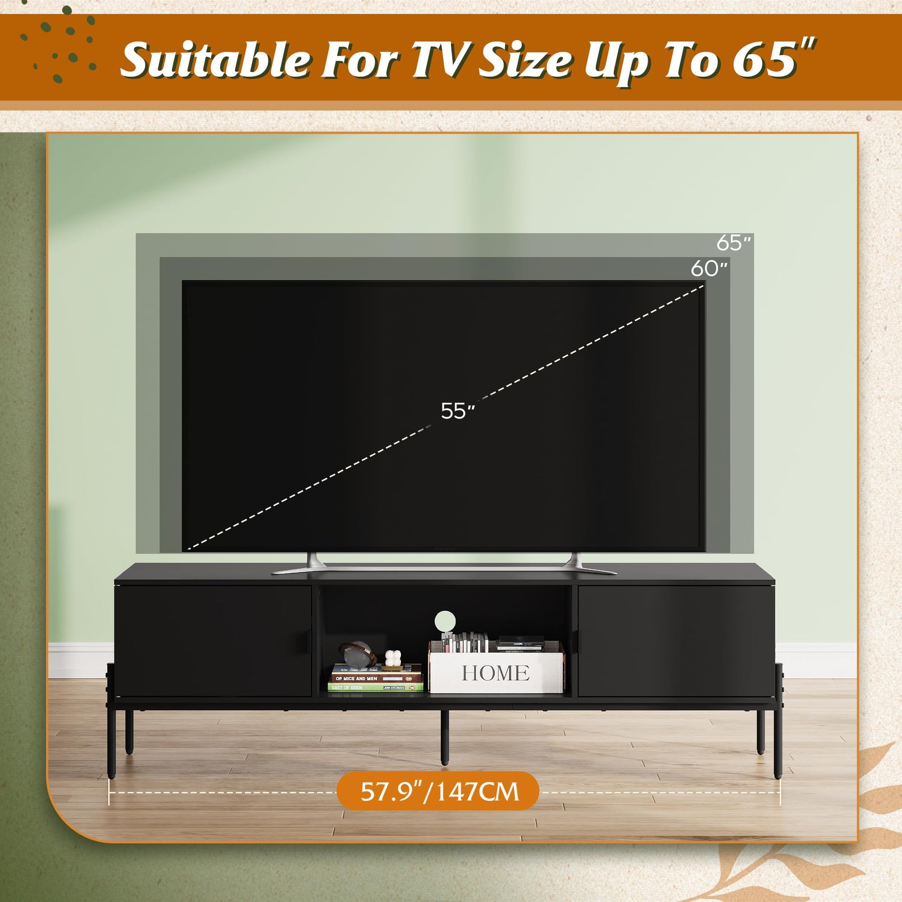 WLIVE 58" TV Stand for 65 Inch TVs, Mid Century Modern Entertainment Center with 2 Storage Cabinets & Open Shelf, Media Console Table with Metal Legs for Living Room, Bedroom, Rustic Brown