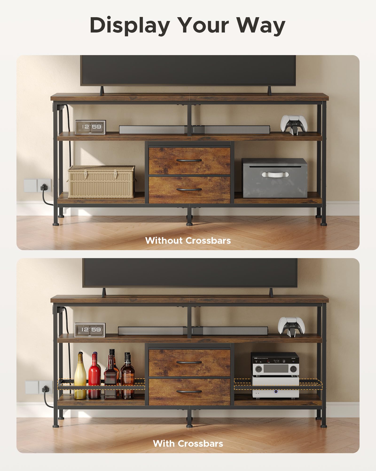 Lazzanto 63in TV Stand for 55-75in TVs, LED Lights, Charging Station, Black