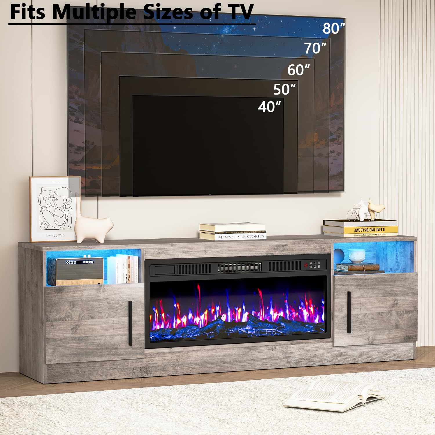 PRETZI Fireplace TV Stand with 36" Fireplace Up to 80" TVs for Living Room