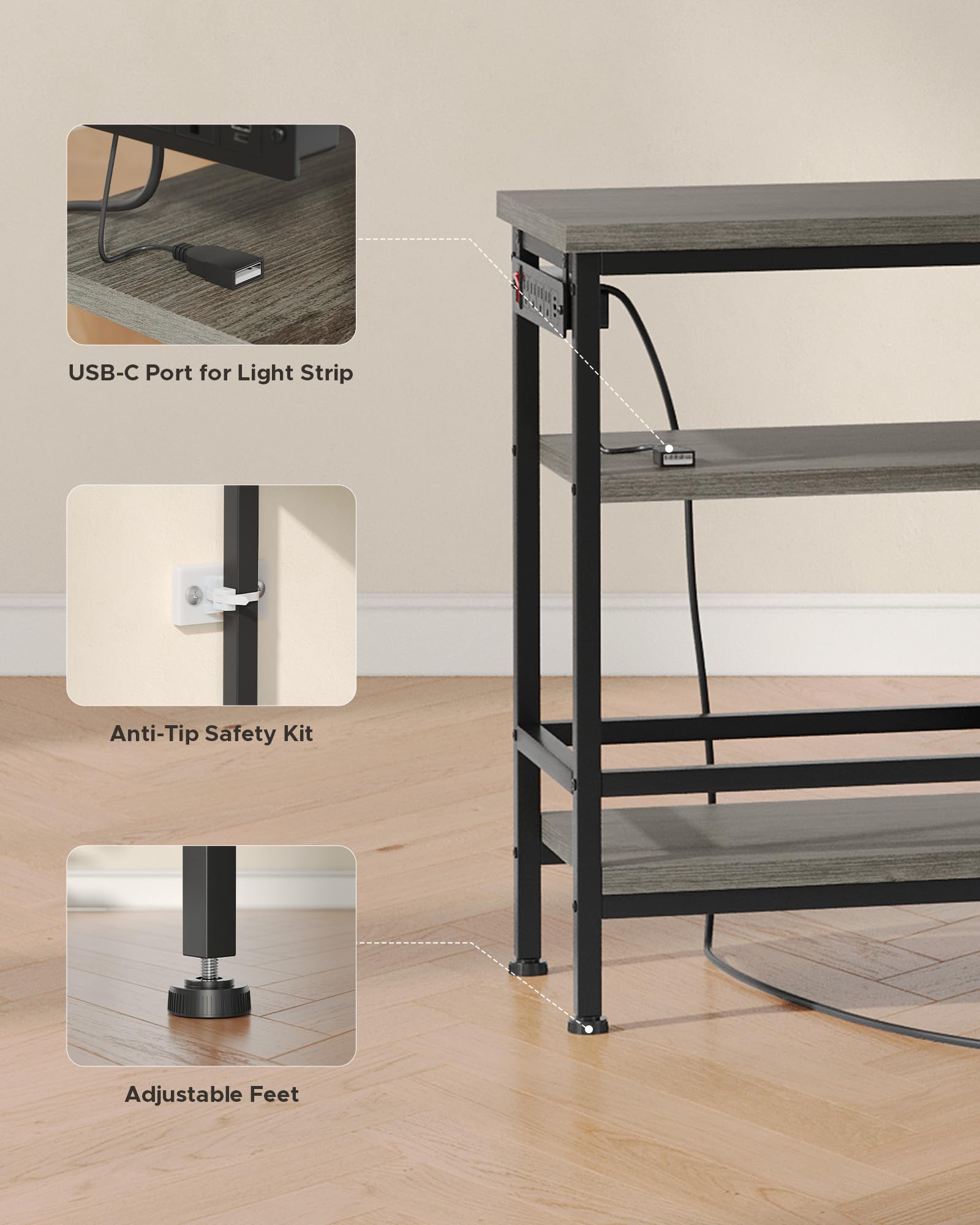 Lazzanto 63in TV Stand for 55-75in TVs, LED Lights, Charging Station, Black