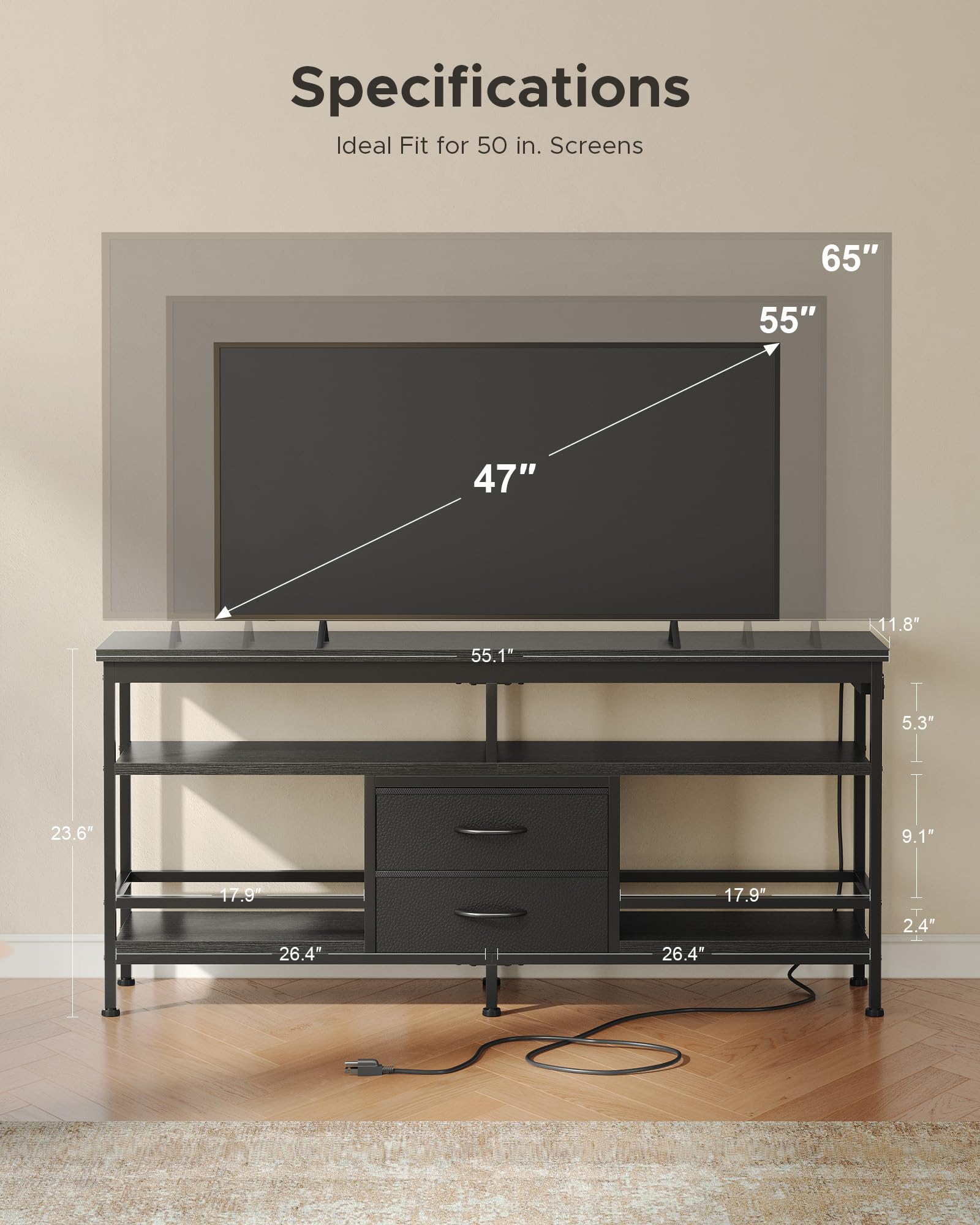 Lazzanto 63in TV Stand for 55-75in TVs, LED Lights, Charging Station, Black