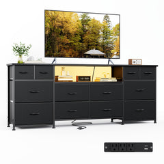 VERMESS 63 Inch 12 Drawers Long Dresser for Bedroom, Chest of Drawers, TV Stand with LED & Power Outlets, Entertainment Center with Storage Shelves, TV Unit for Living Room, for 65, 70 Inch TV, Black