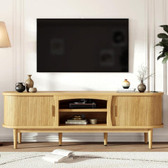 Decofy Mid Century TV Stand for TVs up to 80 Inches, Entertainment Center with Storage, Power Outlet, Fluted Sliding Doors & Adjustable Shelves, Modern Media TV Console Table for Living Room (Walnut)