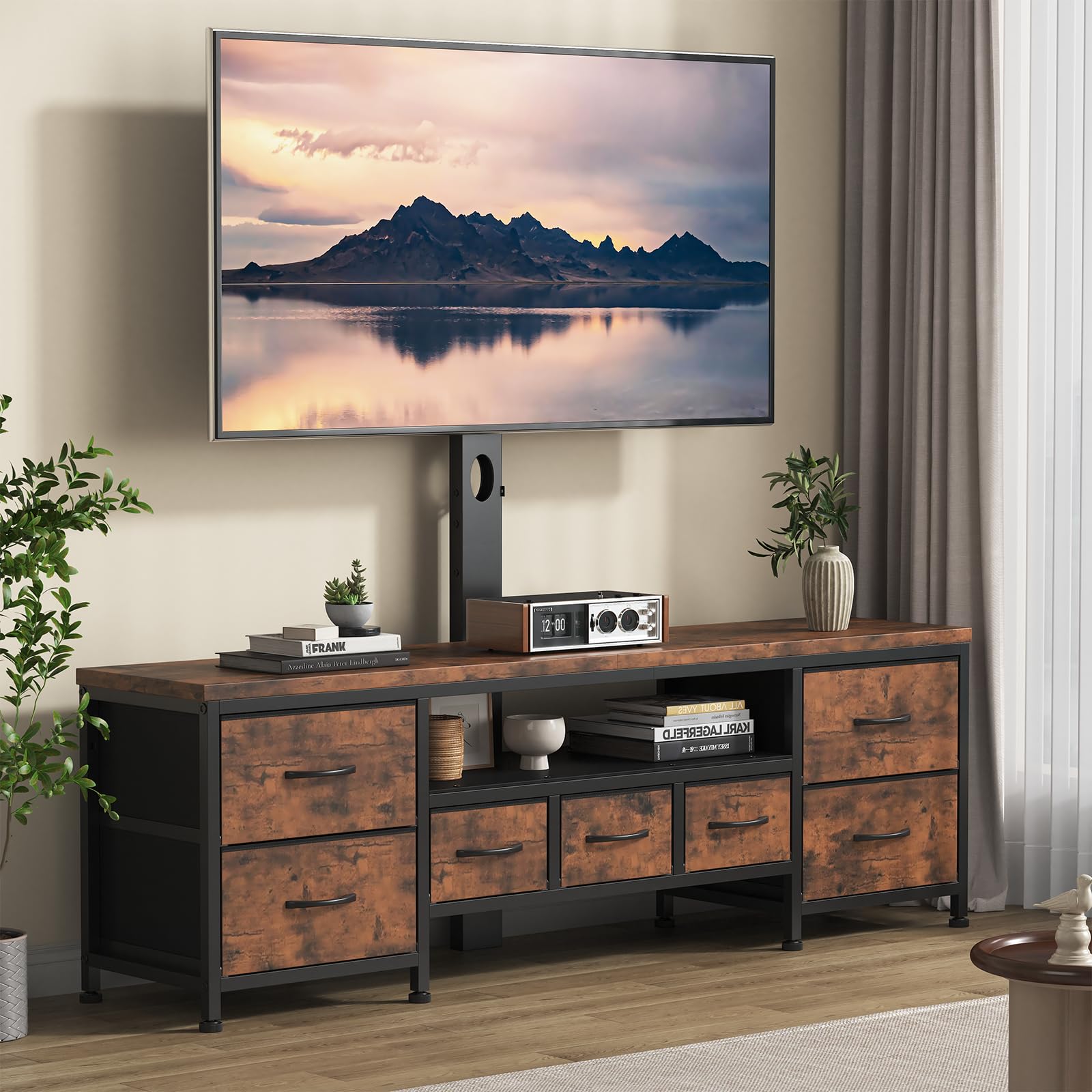 DrawXynth TV Stand with Mount for 45/55/65/75 inch TVs, 51.2" Dresser TV Stand Entertainment Center with 7 Fabric Drawers, Open Storage Shelves, Media Console for Living Room