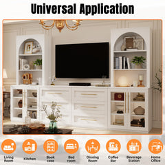 126" Entertainment Center with Bookshelves,4 Doors & 6 Drawers, Modern Farmhouse TV Stand Wall Unit for TVs up to 70" Media Console Storage Cabinet with 18 Shelves for Living Room Heavy-Duty White