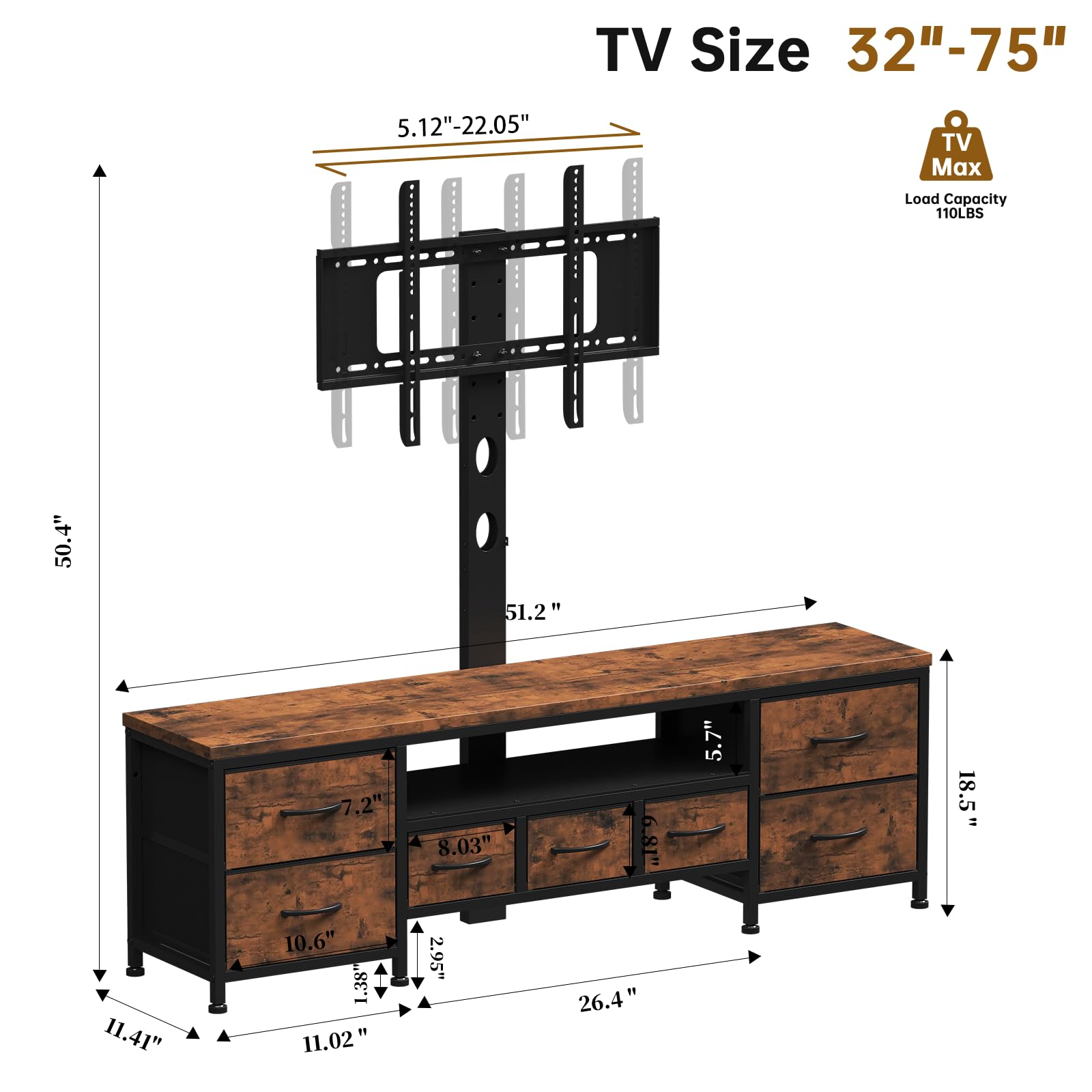 DrawXynth TV Stand with Mount for 45/55/65/75 inch TVs, 51.2" Dresser TV Stand Entertainment Center with 7 Fabric Drawers, Open Storage Shelves, Media Console for Living Room