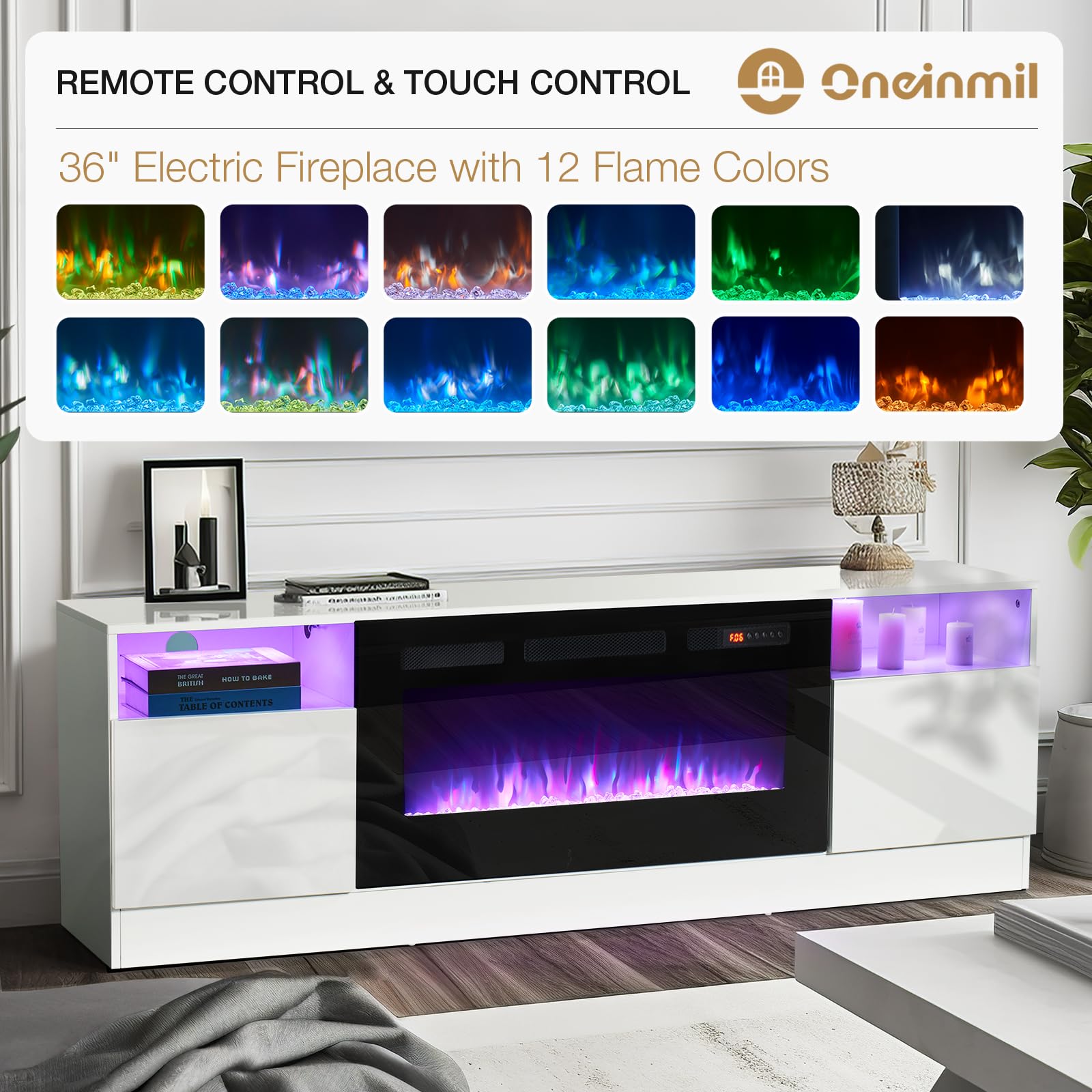 oneinmil Fireplace TV Stand with 36" Electric Fireplace, LED Light Entertainment Center, Modern Wood Texture Entertainment Stand with Highlight Storage Cabinet for TVs Up to 80", 70 inches, Black