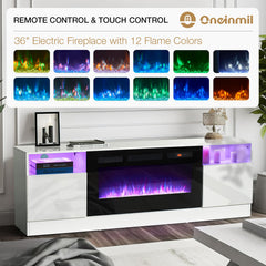 oneinmil Fireplace TV Stand with 36" Electric Fireplace, LED Light Entertainment Center, Modern Wood Texture Entertainment Stand with Highlight Storage Cabinet for TVs Up to 80", 70 inches, Black