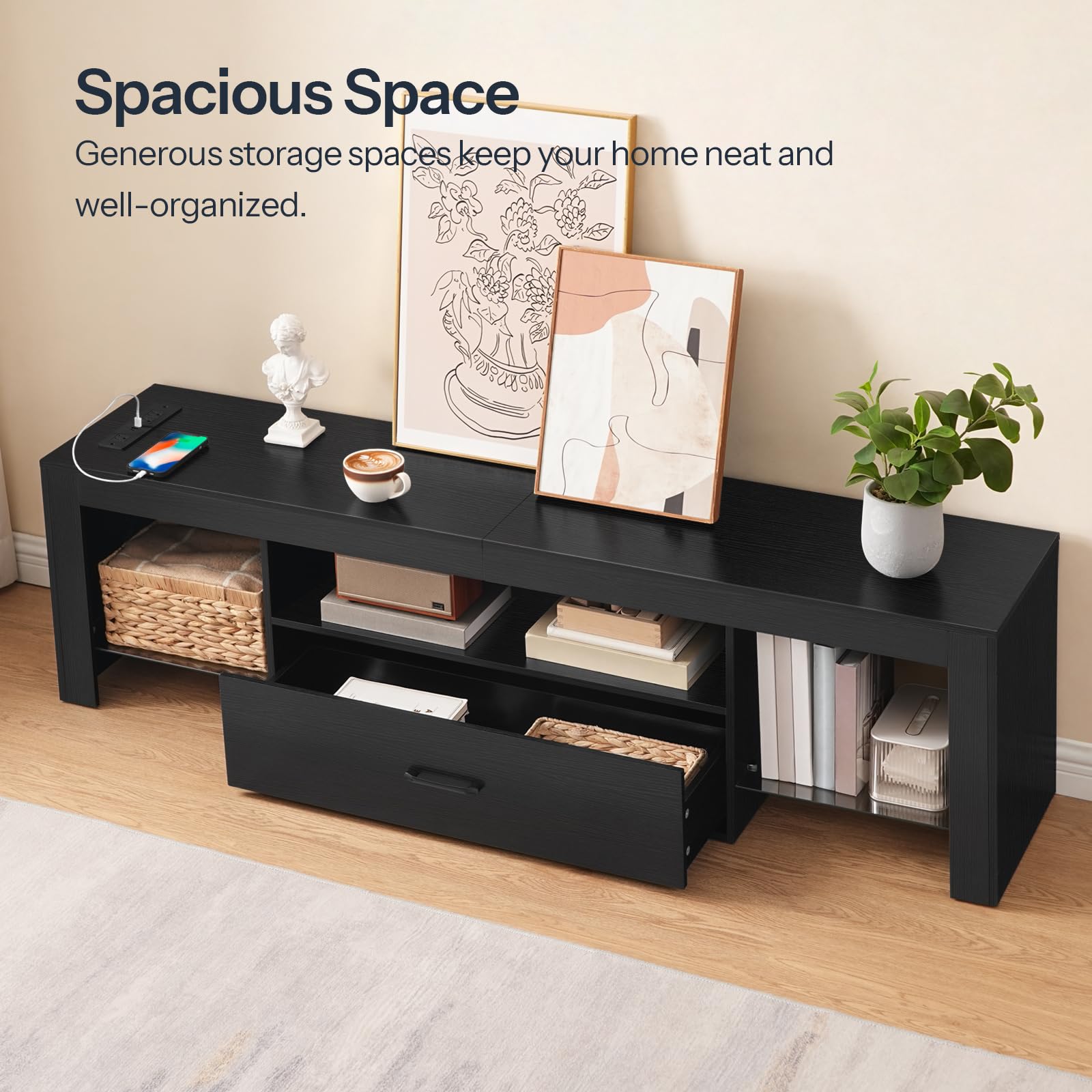 HOOBRO LED TV Stand with Power Outlets to 65 inch TV, Gaming Entertainment Center with Glass Shelves and Large Drawer, Modern Media TV Console Table for Living Room Bedroom, Black BB14UDDS01G1