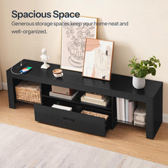 HOOBRO LED TV Stand with Power Outlets to 65 inch TV, Gaming Entertainment Center with Glass Shelves and Large Drawer, Modern Media TV Console Table for Living Room Bedroom, Black BB14UDDS01G1