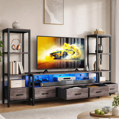 DWVO Industrial LED TV Stand for 65 Inch TVs, Entertainment Center with 2 4-Tier Bookshelves & Power Outlets, Media Console Table with 5 Drawers & Open Storage for Living Room, Grey