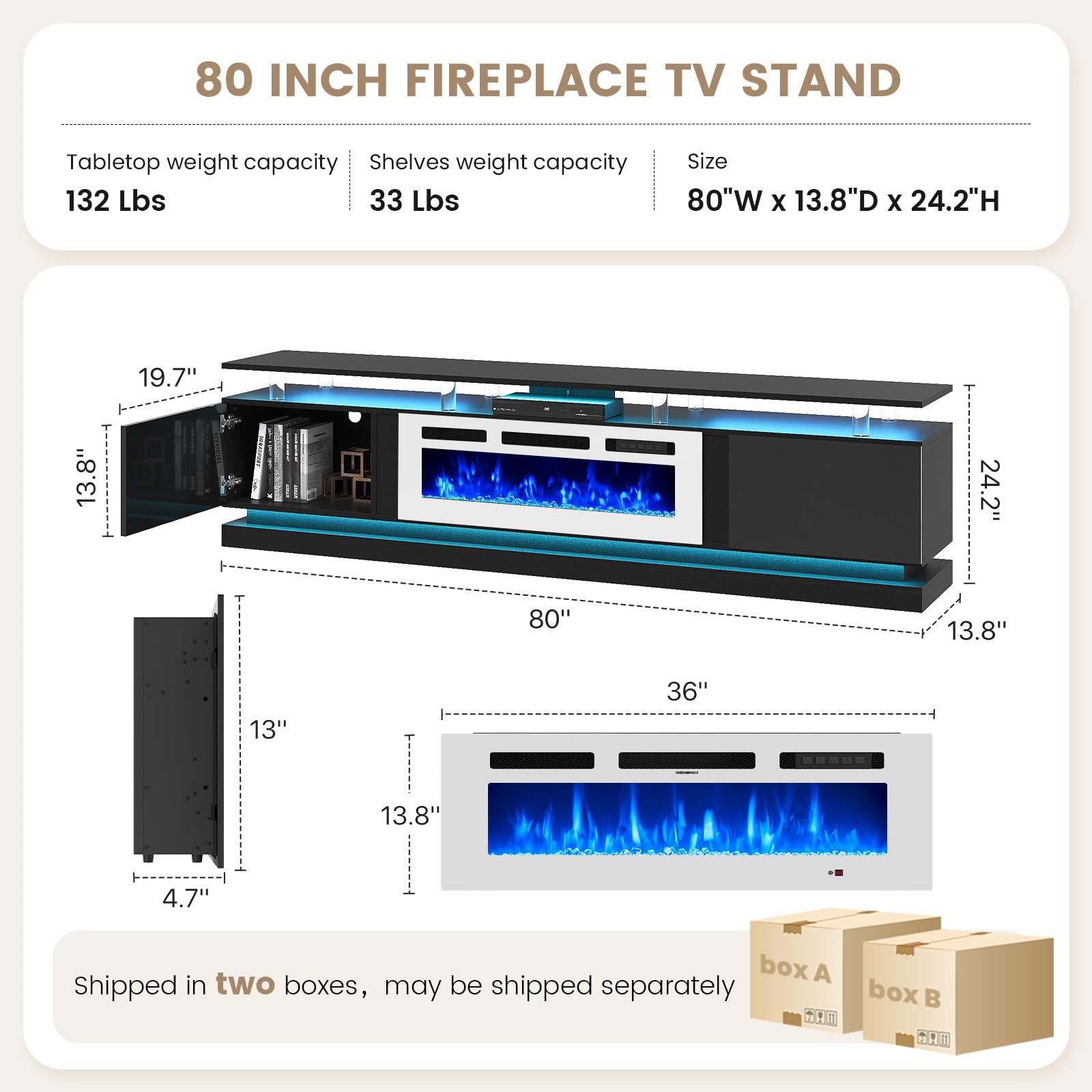 Nordivale 70" Fireplace TV Stand, Modern Entertainment Center for TVs Up to 80”, TV Console with Storage Cabinets, Media Console for Living Room, Black TV Stand and Black Fireplace