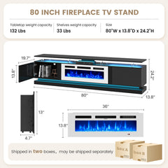 Nordivale 70" Fireplace TV Stand, Modern Entertainment Center for TVs Up to 80”, TV Console with Storage Cabinets, Media Console for Living Room, Black TV Stand and Black Fireplace