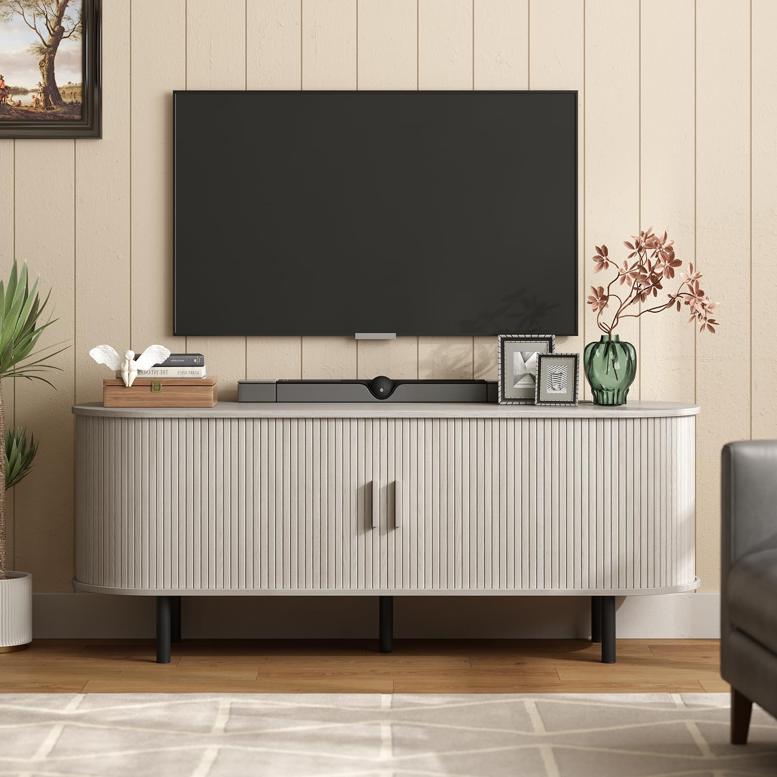 ONBRILL 70.8" TV Stand with Power Outlet for TVs up to 75 Inch, Entertainment Center with Storage and Adjustable Shelves, Modern Media Console with Sliding Doors for Living Room, Walnut