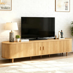 OneBlis 70" Mid Century Modern TV Stand, Wood TV Consoles with Sliding Doors and Power Outlet, Entertainment Center with Adjustable Shelves, Fluted TV Stands for Living Room, Walnut