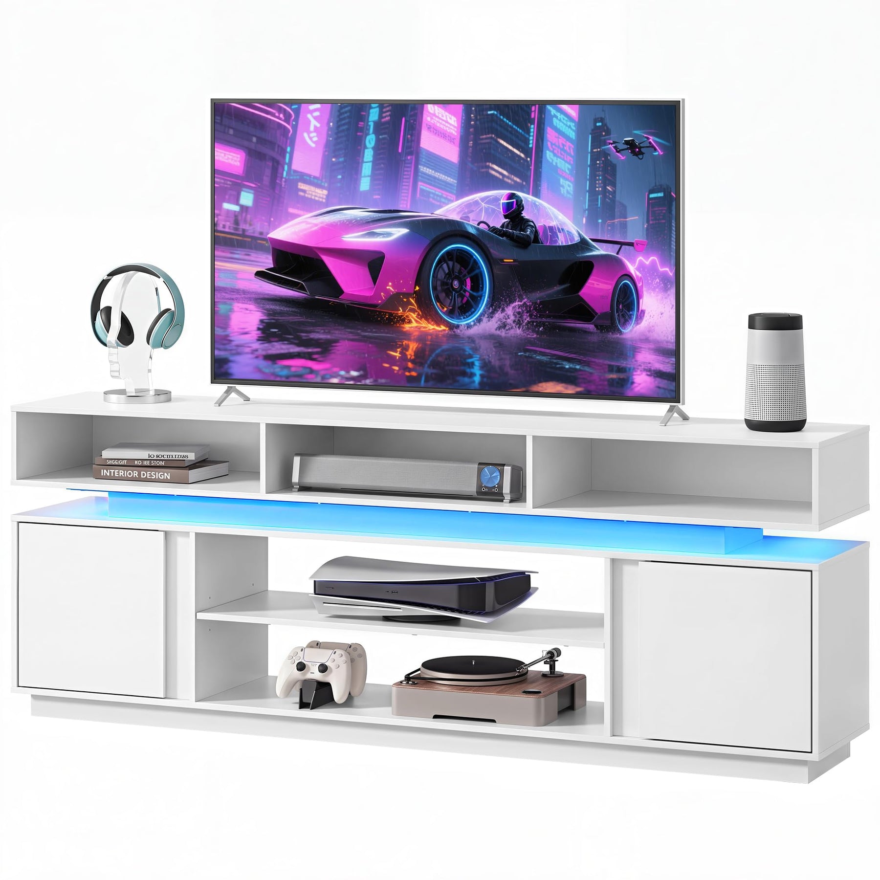 WLIVE Modern TV Stand for 75 Inch TV, 2 Tier Entertainment Center with RGB LED Lights & Storage Cabinets, Media TV Console Gaming Television Stands for Living Room, Bedroom, Black