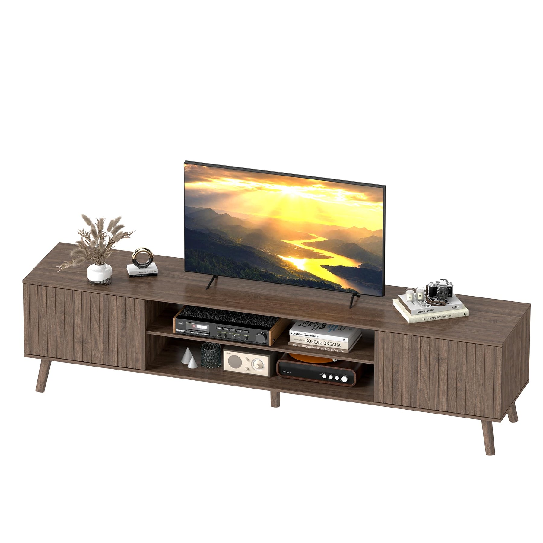 YOSHOOT 63" TV Stand for Living Room, Mid Century Modern Entertainment Center with Power Outlet Fit TVs Up to 70 inch, Fluted Media Console with Open Shelves and Storage Cabinets for Bedroom, Natural