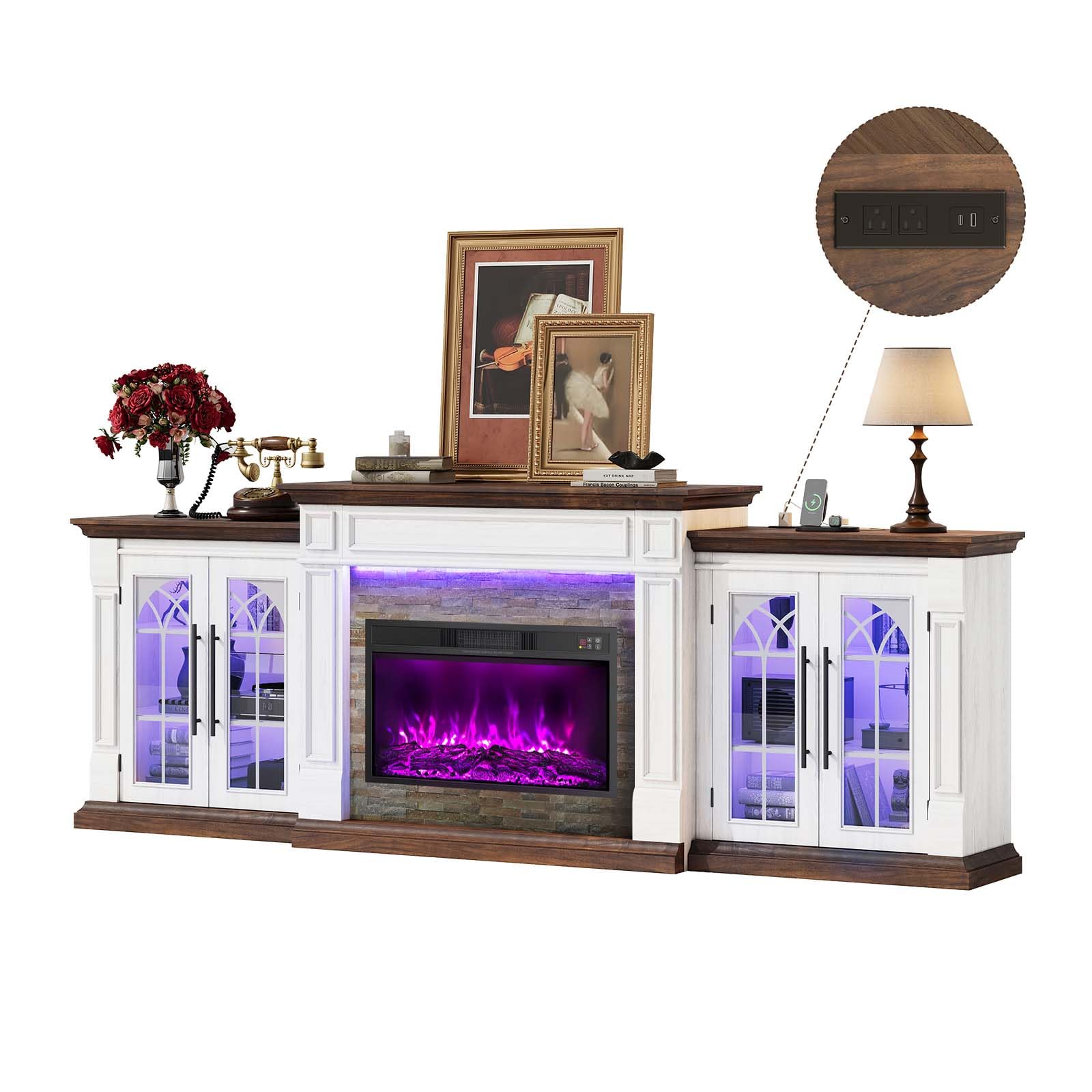 HolliWill 104" Fireplace TV Stand for TVs Up to 100 Inch, LED Electric Fireplace with Mantel and Sideboard Cabinets, Entertainment Center with 4 Glass Doors and Outlet, Modern for Living Room