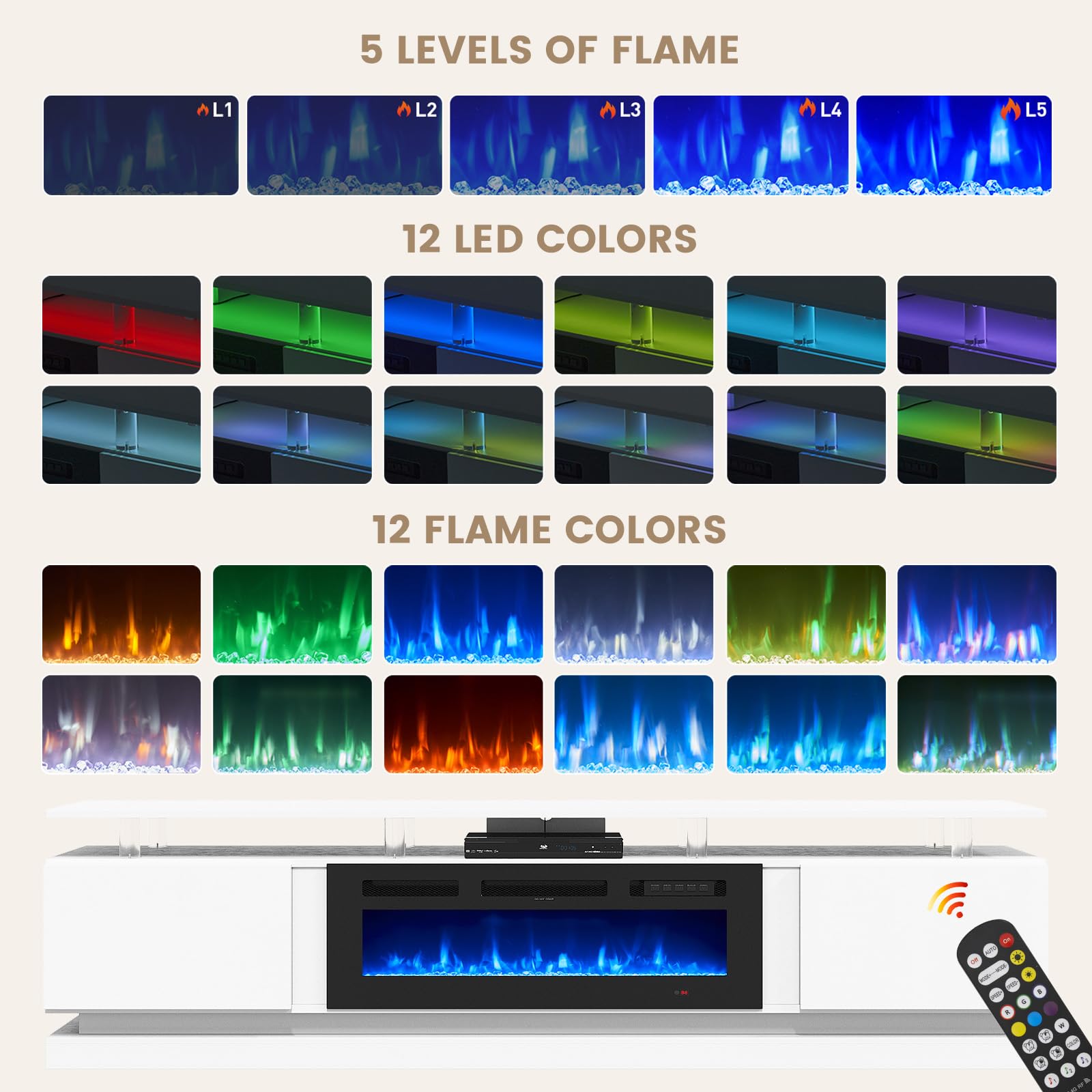 Nordivale 70" Fireplace TV Stand, Modern Entertainment Center for TVs Up to 80”, TV Console with Storage Cabinets, Media Console for Living Room, Black TV Stand and Black Fireplace