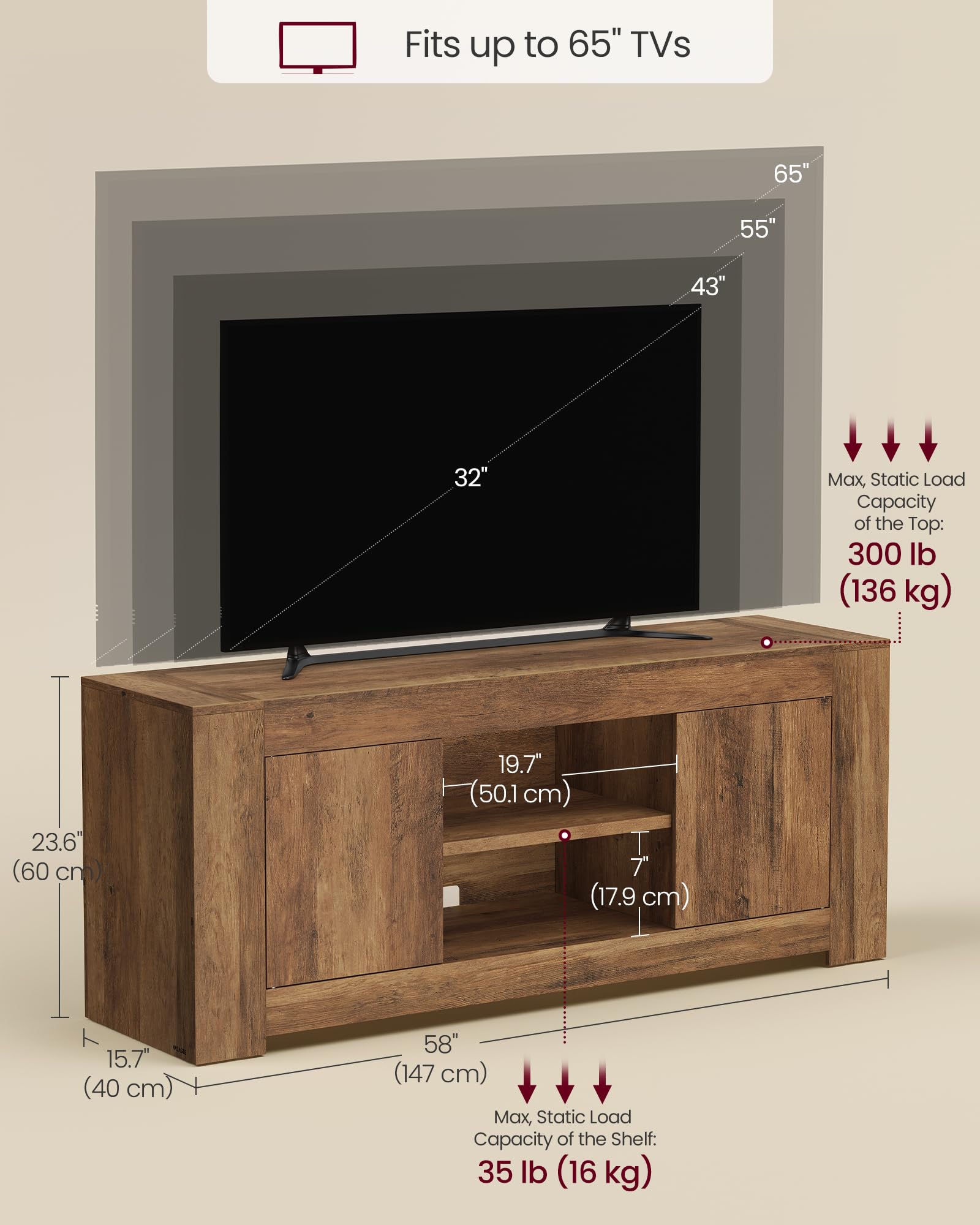 VASAGLE TV Stand, Farmhouse Entertainment Center with Storage Cabinets