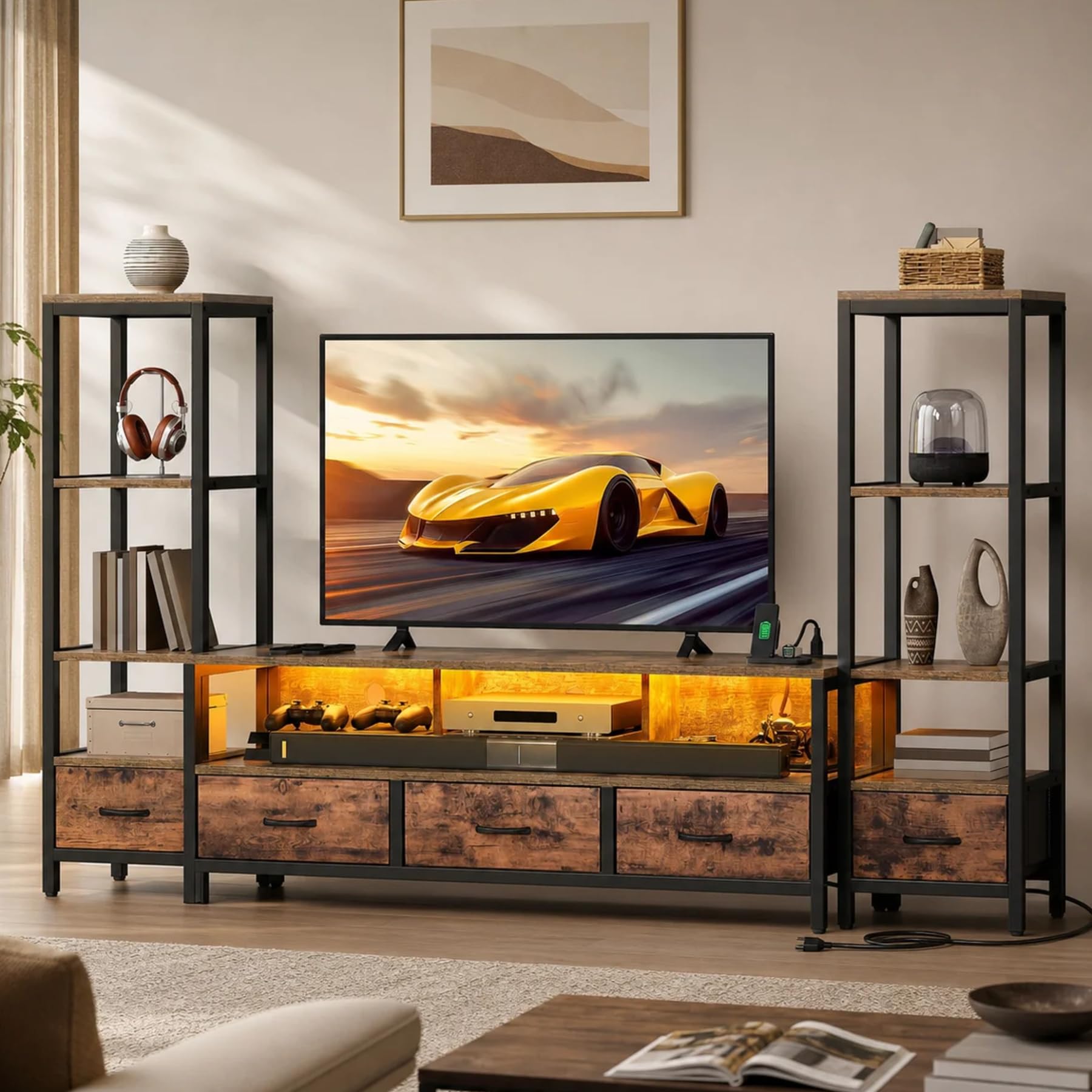 DWVO Industrial LED TV Stand for 65 Inch TVs, Entertainment Center with 2 4-Tier Bookshelves & Power Outlets, Media Console Table with 5 Drawers & Open Storage for Living Room, Grey
