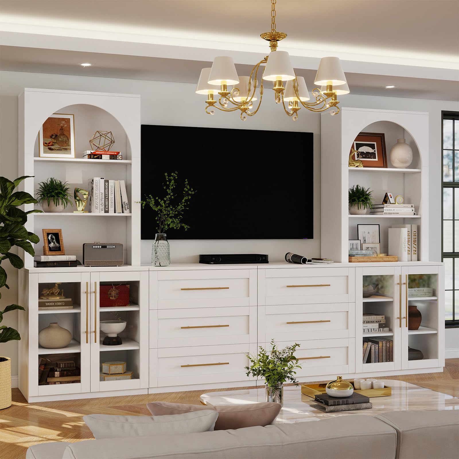 126" Entertainment Center with Bookshelves,4 Doors & 6 Drawers, Modern Farmhouse TV Stand Wall Unit for TVs up to 70" Media Console Storage Cabinet with 18 Shelves for Living Room Heavy-Duty White