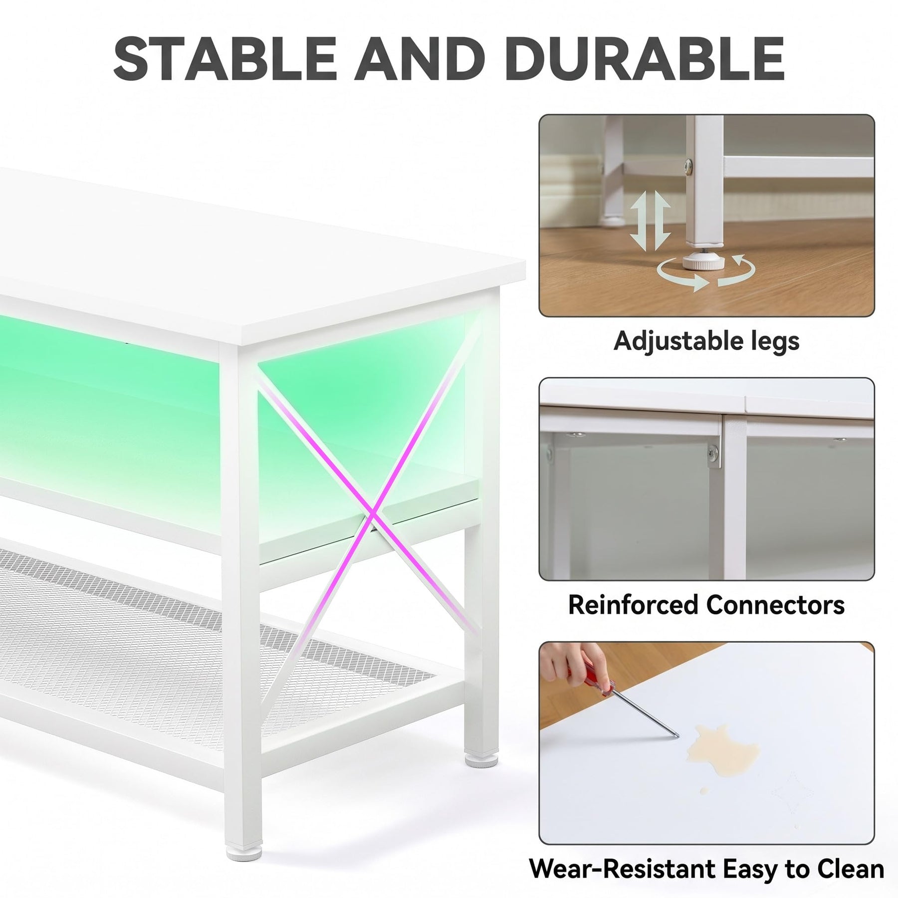 Clikuutory Modern 71 inch Metal TV Stand with LED Lights for 50 55 60 65 70 75 80 Inch TVs, 3 Tier Television Stands with Entertainment Center and Storage for Living Room, Bedroom, White