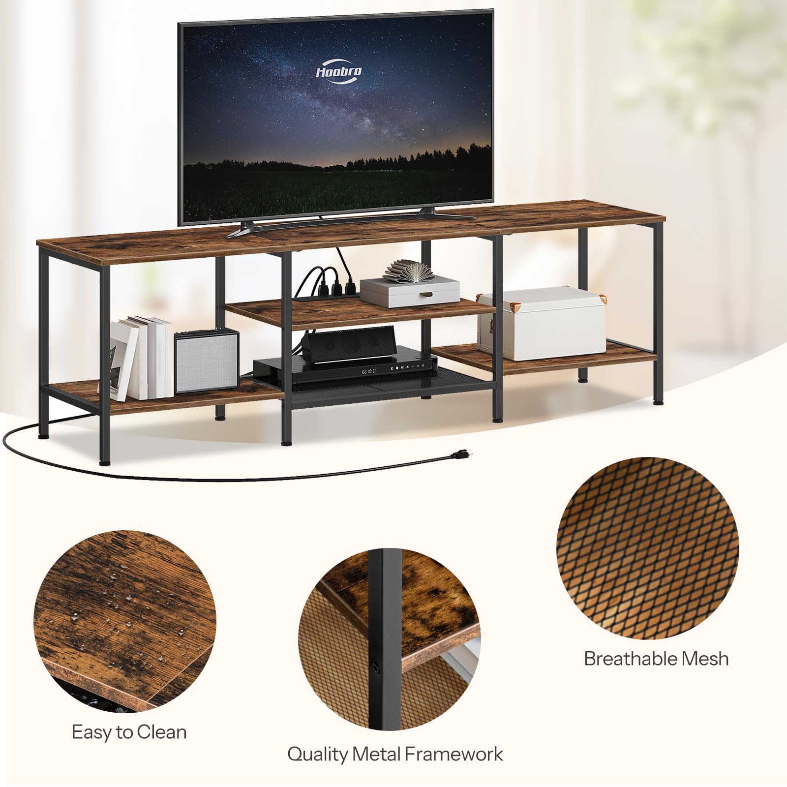 HOOBRO TV Stand with Power Outlets to 75 Inches, TV Console Table with Open Storage Shelves Cabinet, Industrial Media Entertainment Center for Living Room Bedroom, Rustic Brown and Black BF80DS01
