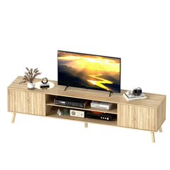 YOSHOOT 63" TV Stand for Living Room, Mid Century Modern Entertainment Center with Power Outlet Fit TVs Up to 70 inch, Fluted Media Console with Open Shelves and Storage Cabinets for Bedroom, Natural